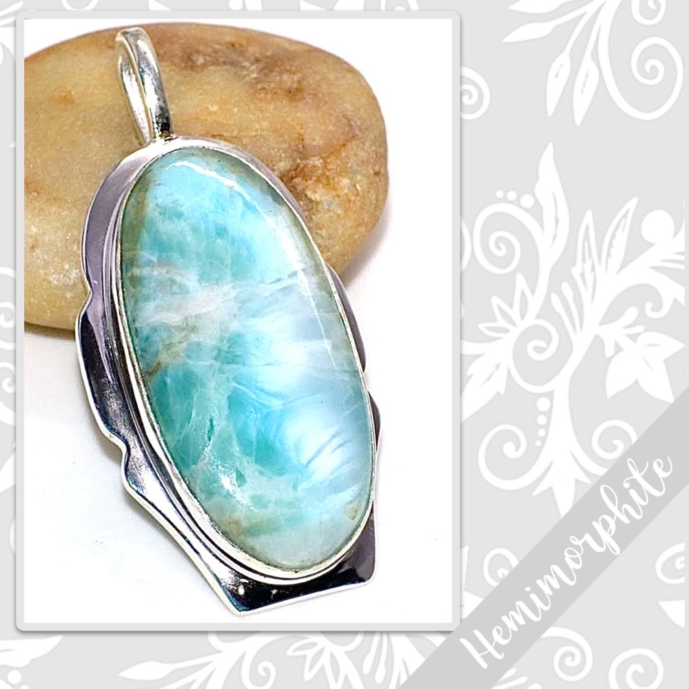 Hemimorphite Large Eclectic Silver Artisan Pendant 2” (Aqua / Teal Blue-Green)